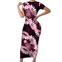 Puakenikeni Maile Lei Family Matching Short Sleeve Bodycon Dress and Hawaiian Shirt Frangipani Pink Tropical Leaves LT01 Mom's Dress Pink - Polynesian Pride