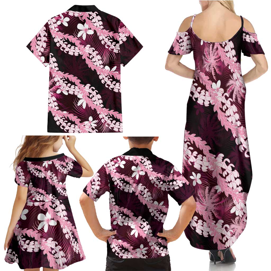 Puakenikeni Maile Lei Family Matching Summer Maxi Dress and Hawaiian Shirt Frangipani Pink Tropical Leaves LT01 - Polynesian Pride