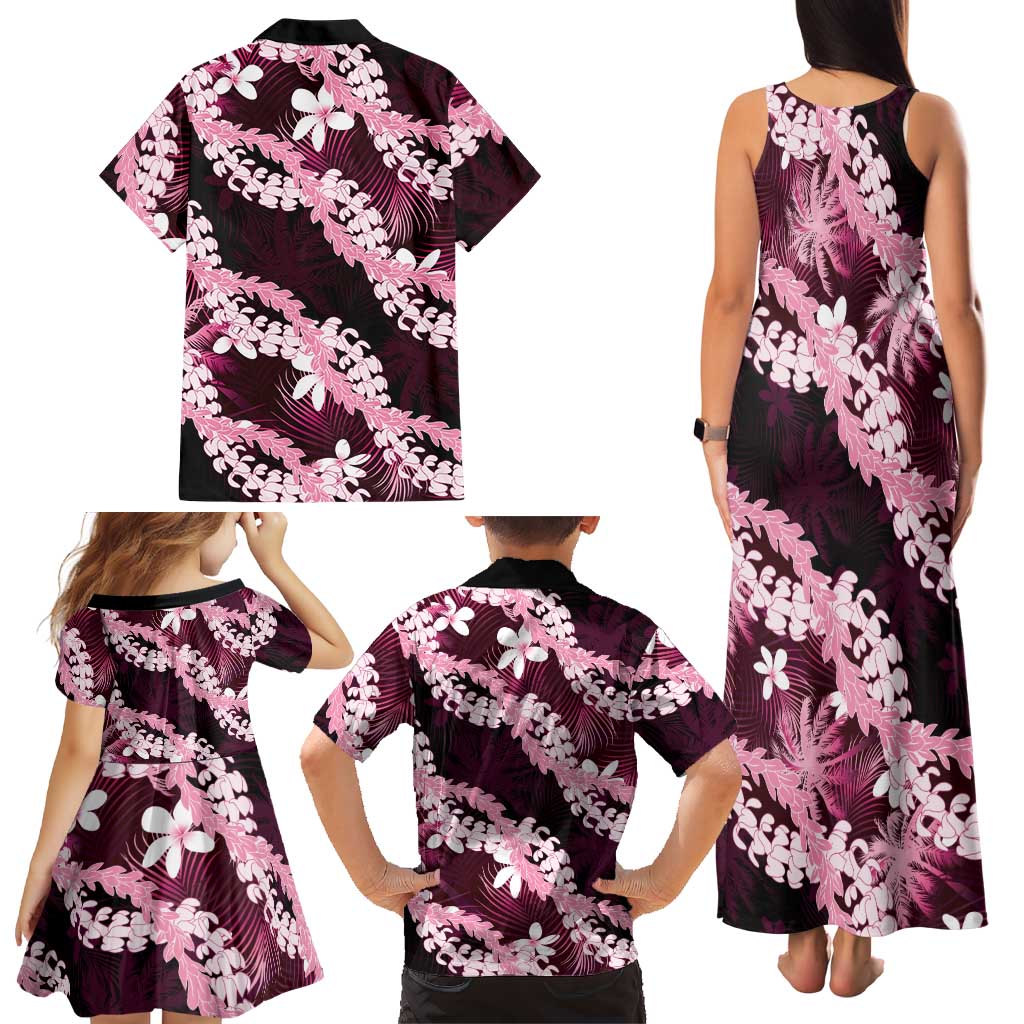 Puakenikeni Maile Lei Family Matching Tank Maxi Dress and Hawaiian Shirt Frangipani Pink Tropical Leaves LT01 - Polynesian Pride
