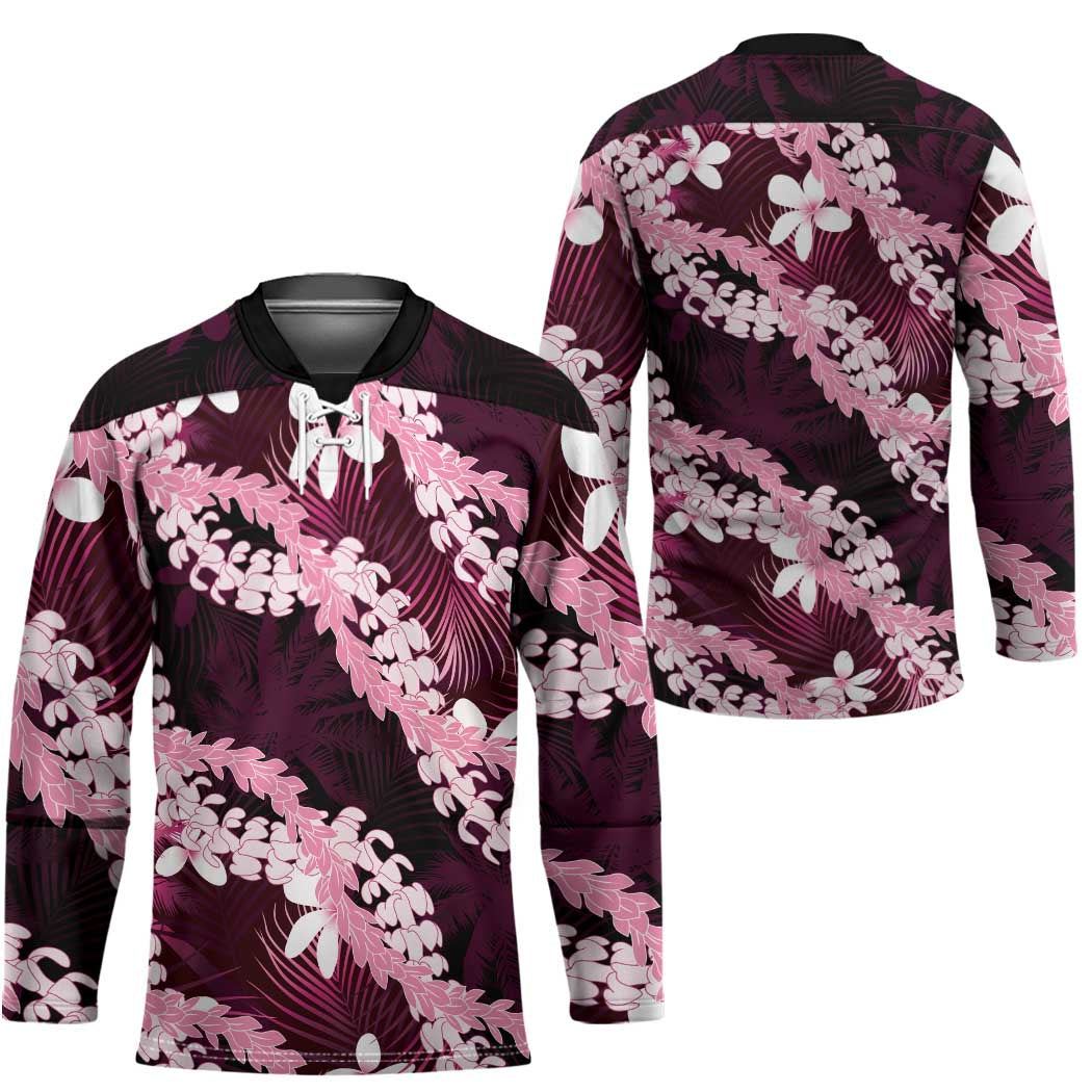 Puakenikeni Maile Lei Hockey Jersey Frangipani Pink Tropical Leaves