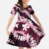 Puakenikeni Maile Lei Kid Short Sleeve Dress Frangipani Pink Tropical Leaves