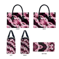 Puakenikeni Maile Lei Leather Bag Frangipani Pink Tropical Leaves