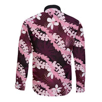 Puakenikeni Maile Lei Long Sleeve Button Shirt Frangipani Pink Tropical Leaves