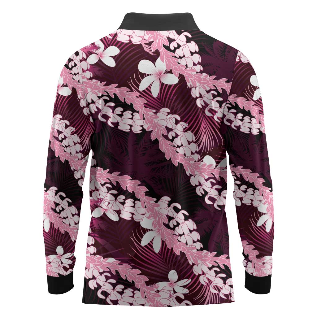 Puakenikeni Maile Lei Long Sleeve Polo Shirt Frangipani Pink Tropical Leaves