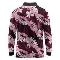 Puakenikeni Maile Lei Long Sleeve Polo Shirt Frangipani Pink Tropical Leaves