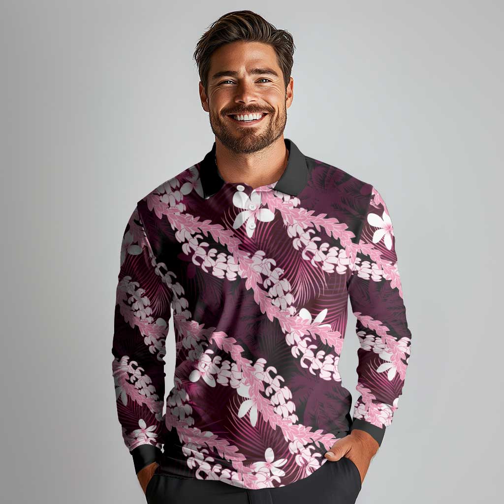 Puakenikeni Maile Lei Long Sleeve Polo Shirt Frangipani Pink Tropical Leaves