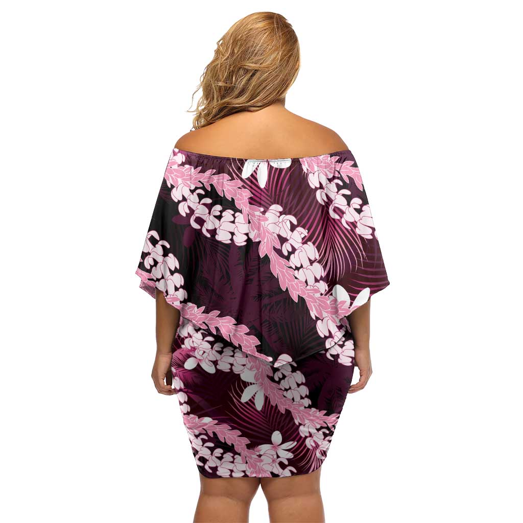 Puakenikeni Maile Lei Off Shoulder Short Dress Frangipani Pink Tropical Leaves