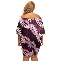 Puakenikeni Maile Lei Off Shoulder Short Dress Frangipani Pink Tropical Leaves