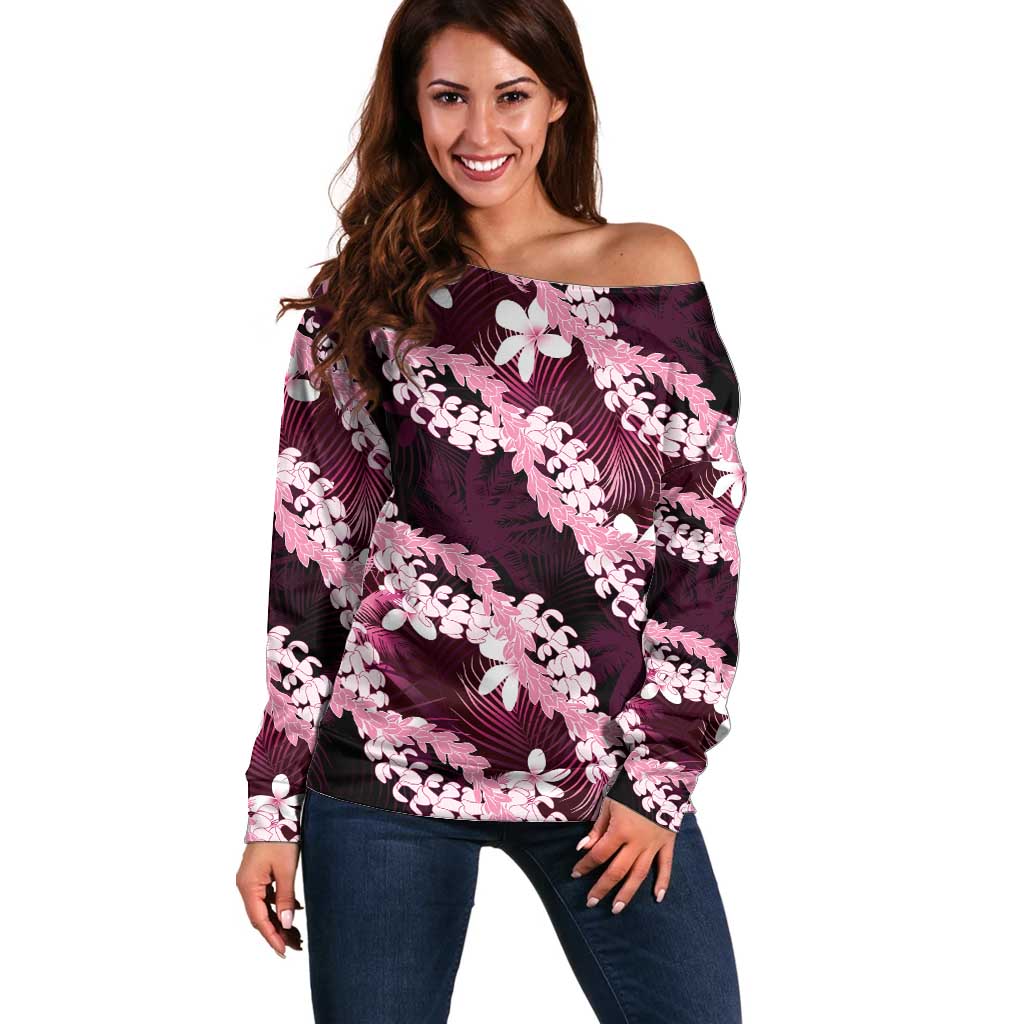 Puakenikeni Maile Lei Off Shoulder Sweater Frangipani Pink Tropical Leaves