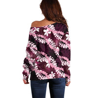 Puakenikeni Maile Lei Off Shoulder Sweater Frangipani Pink Tropical Leaves