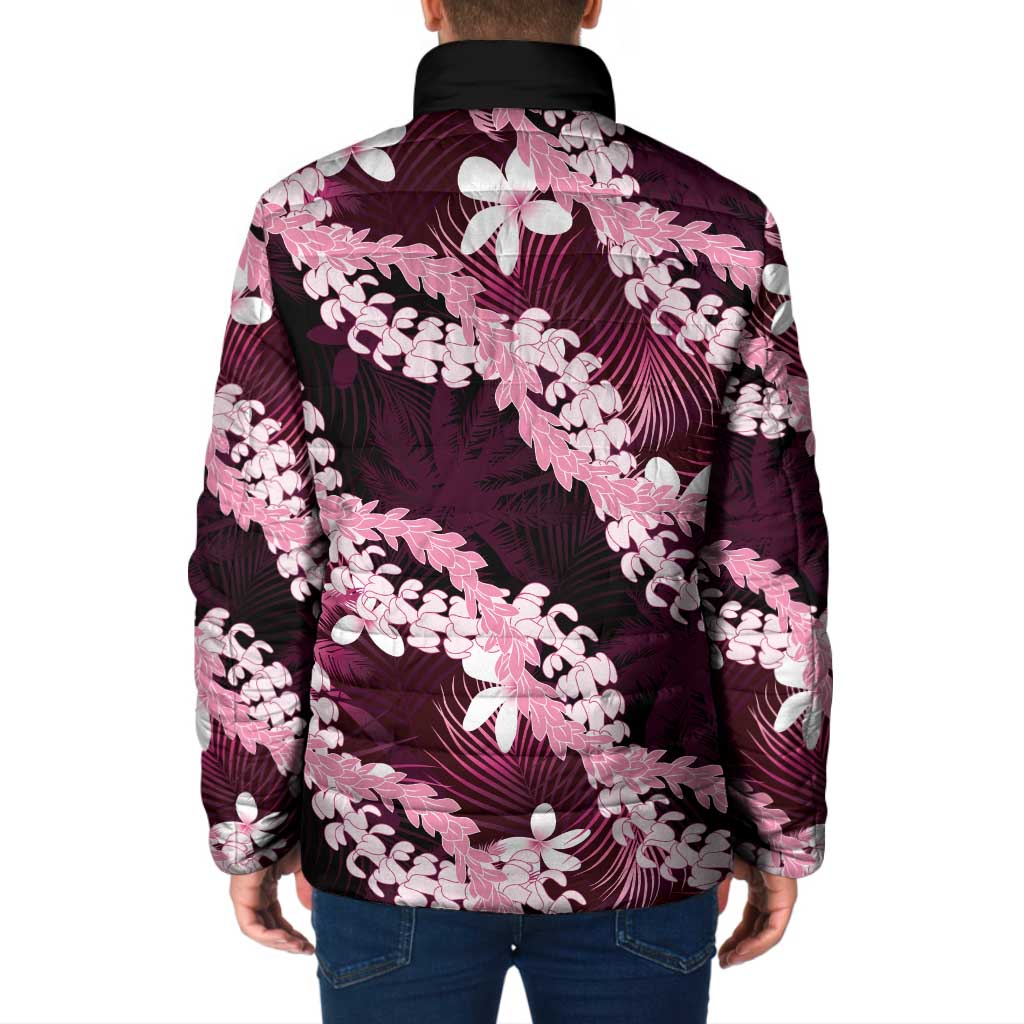 Puakenikeni Maile Lei Padded Jacket Frangipani Pink Tropical Leaves