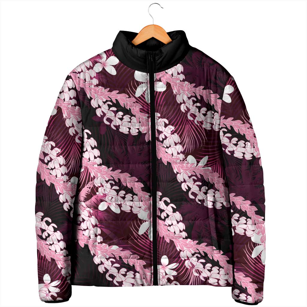 Puakenikeni Maile Lei Padded Jacket Frangipani Pink Tropical Leaves