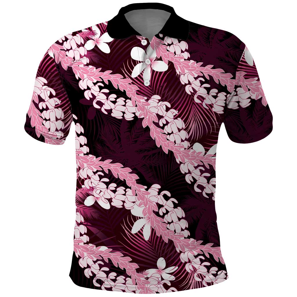 Puakenikeni Maile Lei Polo Shirt Frangipani Pink Tropical Leaves