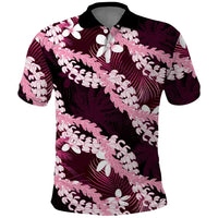 Puakenikeni Maile Lei Polo Shirt Frangipani Pink Tropical Leaves