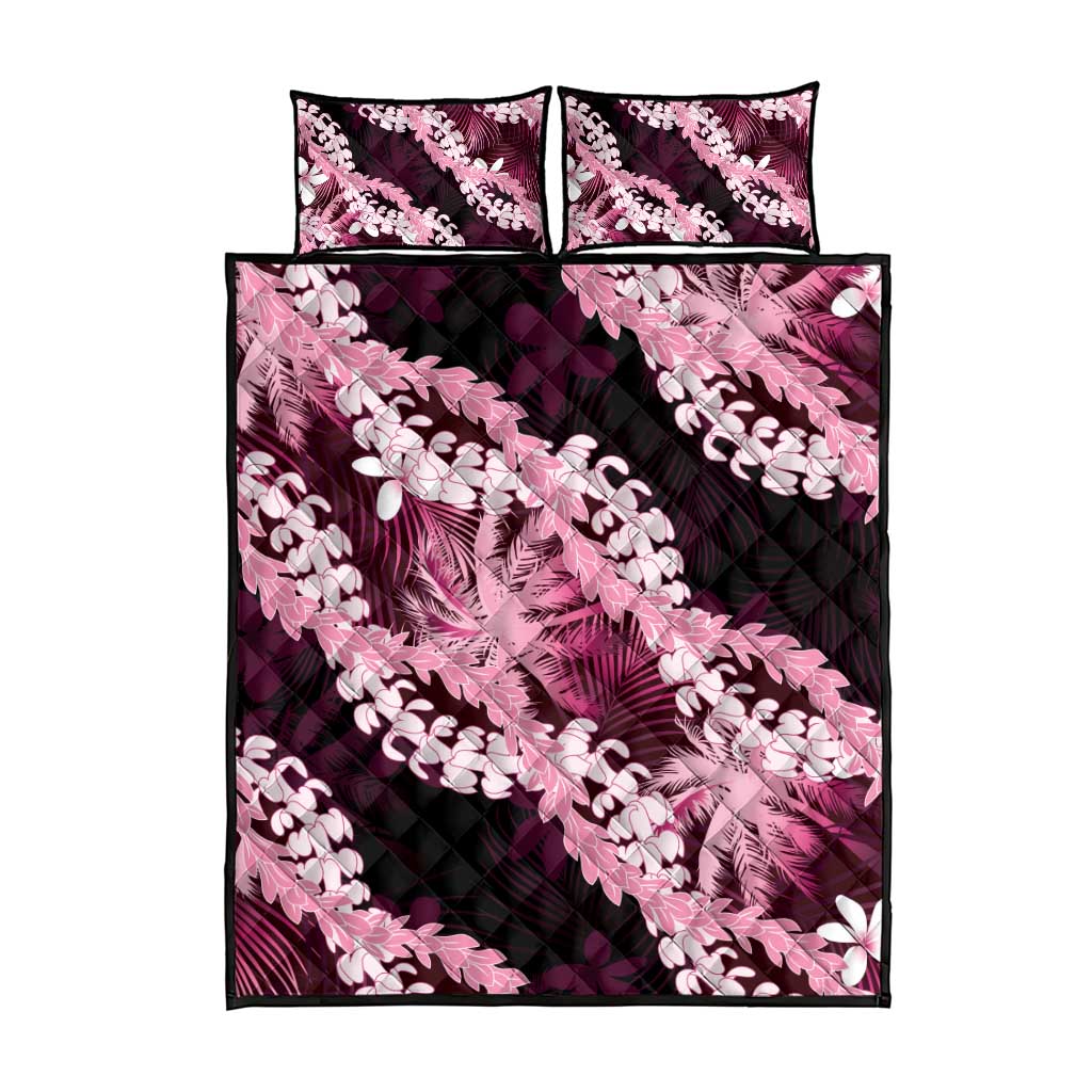 Puakenikeni Maile Lei Quilt Bed Set Frangipani Pink Tropical Leaves