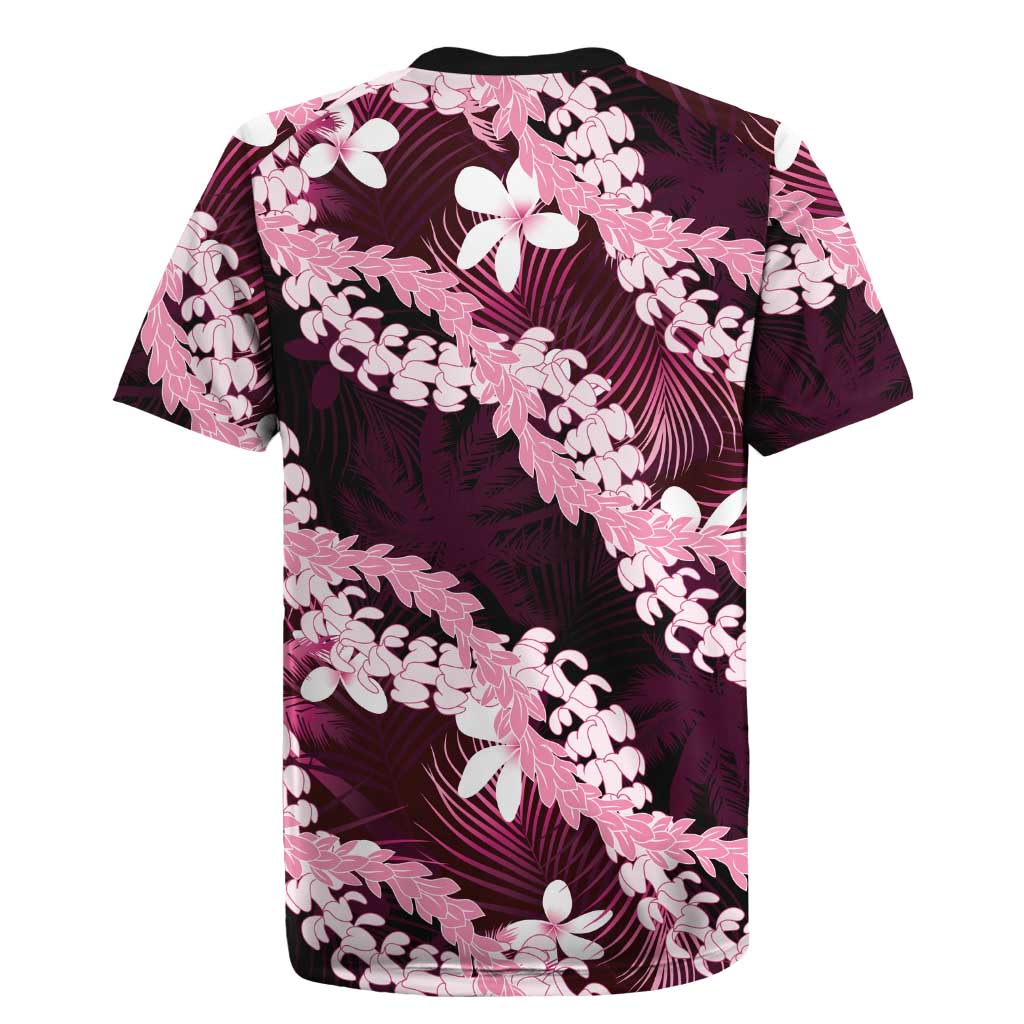 Puakenikeni Maile Lei Rugby Jersey Frangipani Pink Tropical Leaves