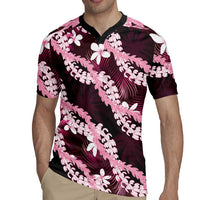 Puakenikeni Maile Lei Rugby Jersey Frangipani Pink Tropical Leaves