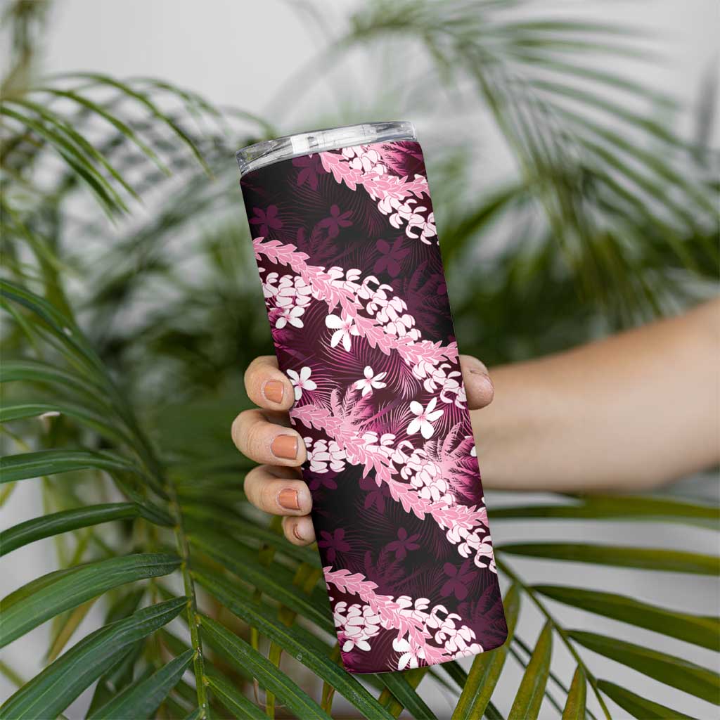 Puakenikeni Maile Lei Skinny Tumbler Frangipani Pink Tropical Leaves