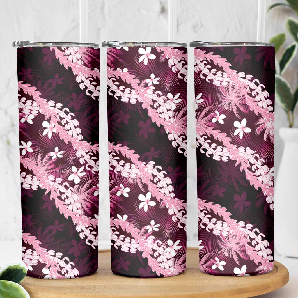 Puakenikeni Maile Lei Skinny Tumbler Frangipani Pink Tropical Leaves
