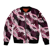 Puakenikeni Maile Lei Sleeve Zip Bomber Jacket Frangipani Pink Tropical Leaves