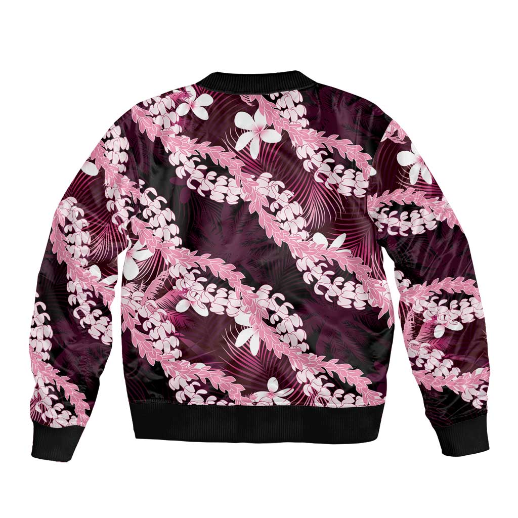 Puakenikeni Maile Lei Sleeve Zip Bomber Jacket Frangipani Pink Tropical Leaves
