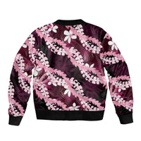 Puakenikeni Maile Lei Sleeve Zip Bomber Jacket Frangipani Pink Tropical Leaves
