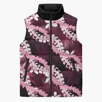 Puakenikeni Maile Lei Sleeveless Puffer Jacket Frangipani Pink Tropical Leaves