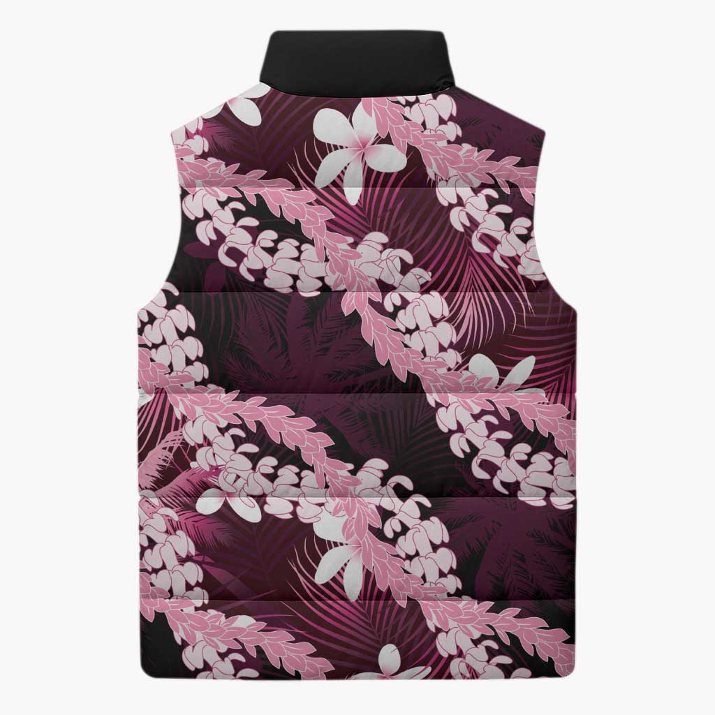 Puakenikeni Maile Lei Sleeveless Puffer Jacket Frangipani Pink Tropical Leaves