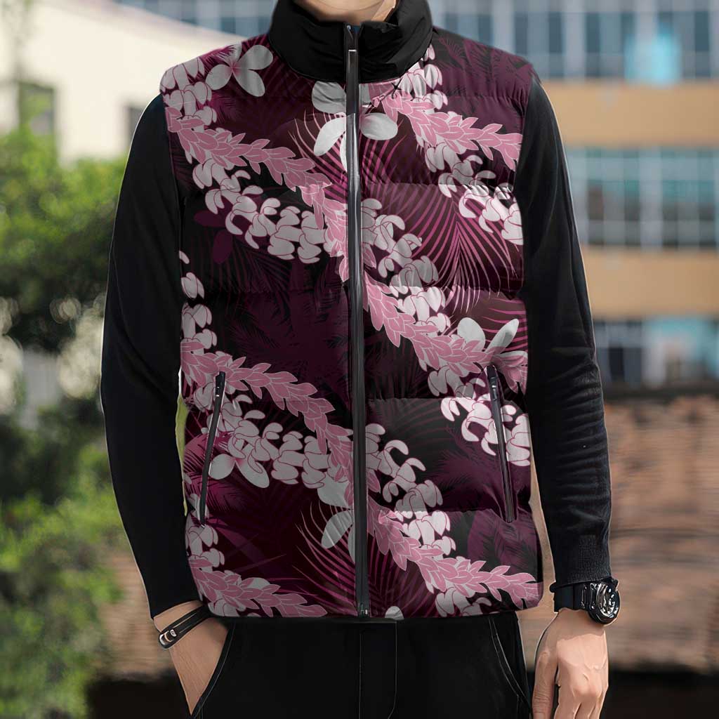 Puakenikeni Maile Lei Sleeveless Puffer Jacket Frangipani Pink Tropical Leaves