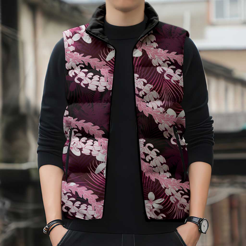 Puakenikeni Maile Lei Sleeveless Puffer Jacket Frangipani Pink Tropical Leaves