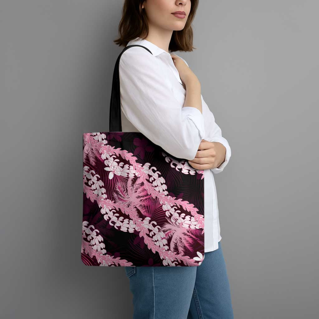 Puakenikeni Maile Lei Tote Bag Frangipani Pink Tropical Leaves