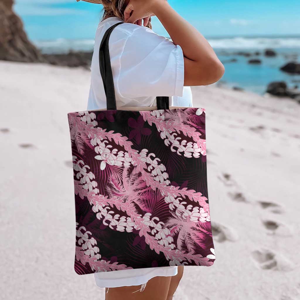 Puakenikeni Maile Lei Tote Bag Frangipani Pink Tropical Leaves