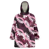 Puakenikeni Maile Lei Wearable Blanket Hoodie Frangipani Pink Tropical Leaves