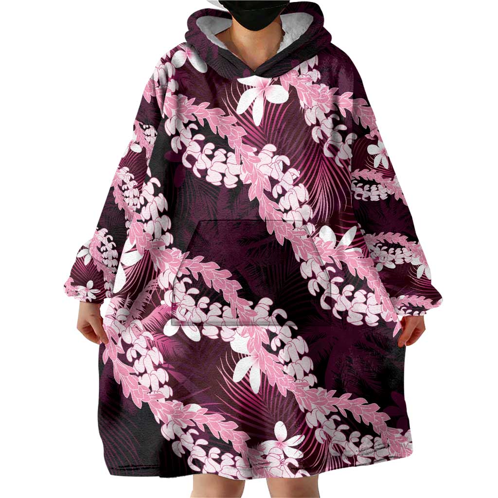 Puakenikeni Maile Lei Wearable Blanket Hoodie Frangipani Pink Tropical Leaves