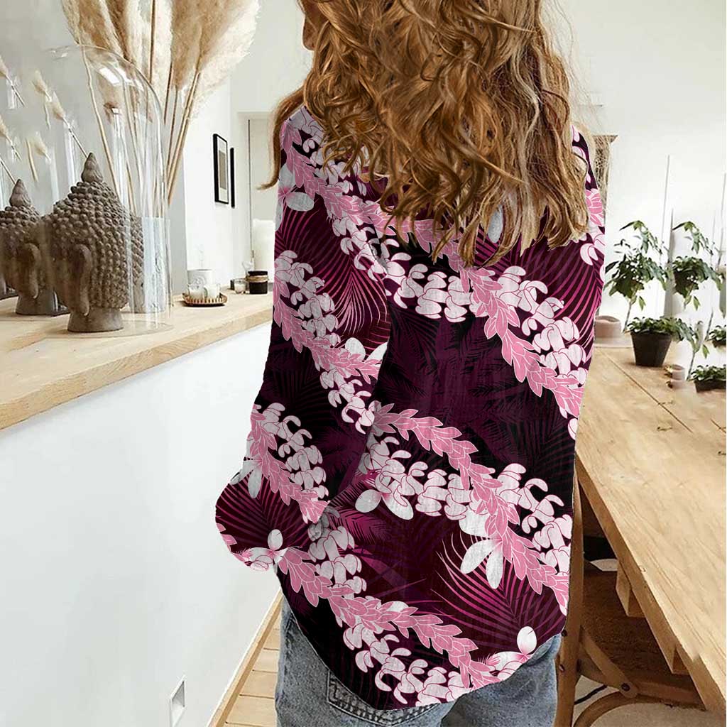 Puakenikeni Maile Lei Women Casual Shirt Frangipani Pink Tropical Leaves