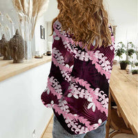 Puakenikeni Maile Lei Women Casual Shirt Frangipani Pink Tropical Leaves