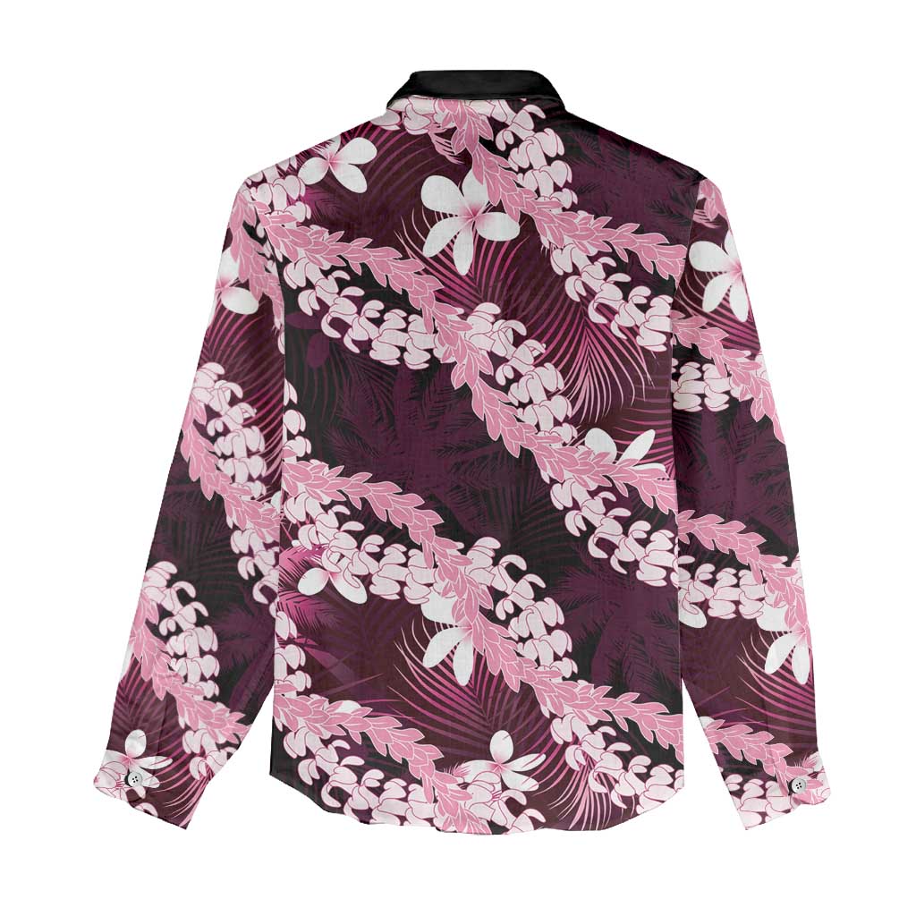 Puakenikeni Maile Lei Women Casual Shirt Frangipani Pink Tropical Leaves