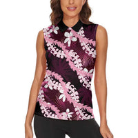 Puakenikeni Maile Lei Women Sleeveless Polo Shirt Frangipani Pink Tropical Leaves LT01 - Polynesian Pride