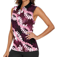 Puakenikeni Maile Lei Women Sleeveless Polo Shirt Frangipani Pink Tropical Leaves LT01 - Polynesian Pride
