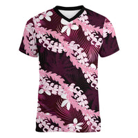 Puakenikeni Maile Lei Women V-Neck T-Shirt Frangipani Pink Tropical Leaves
