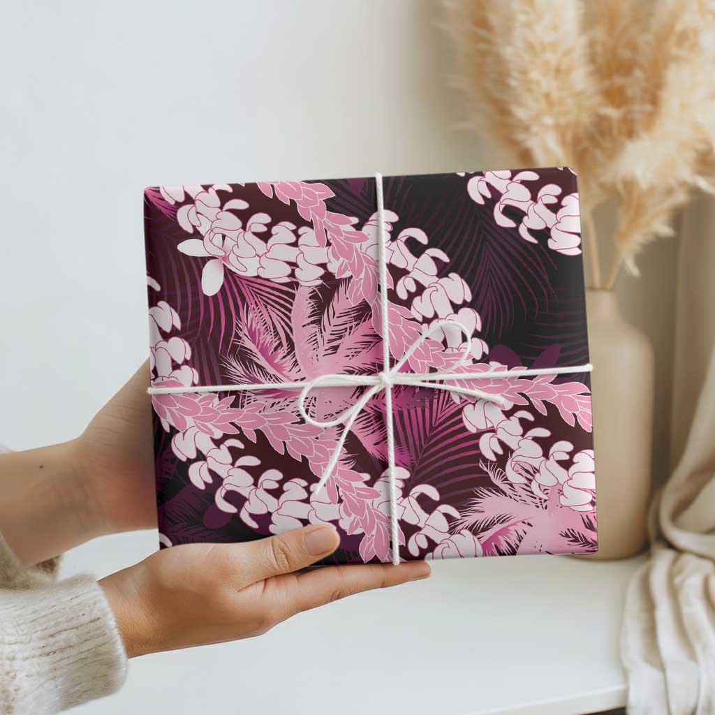 Puakenikeni Maile Lei Wrapping Paper Frangipani Pink Tropical Leaves