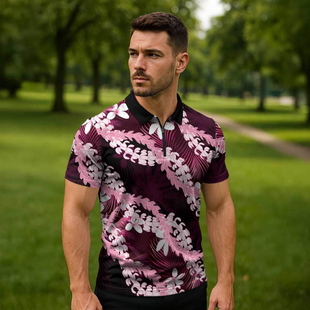 Puakenikeni Maile Lei Zipper Polo Shirt Frangipani Pink Tropical Leaves