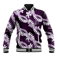 Puakenikeni Maile Lei Baseball Jacket Frangipani Purple Tropical Leaves