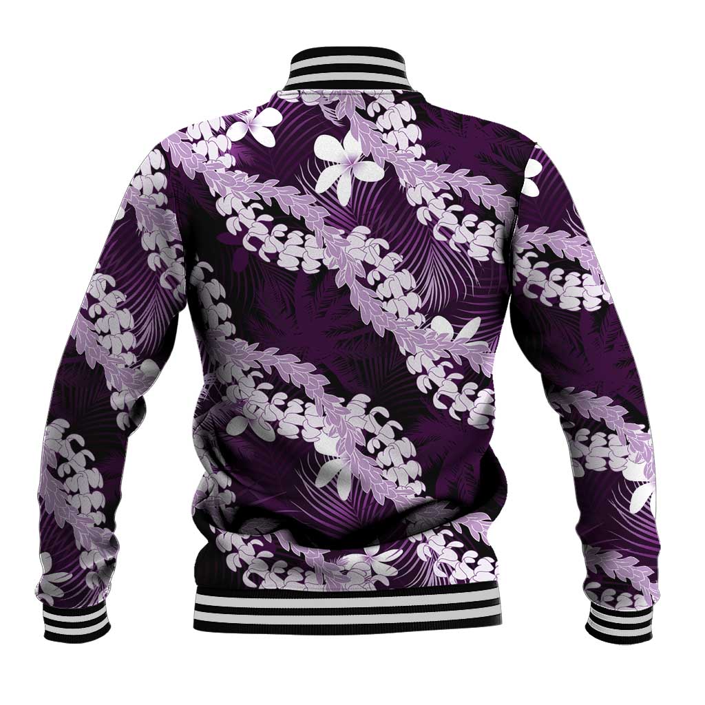 Puakenikeni Maile Lei Baseball Jacket Frangipani Purple Tropical Leaves