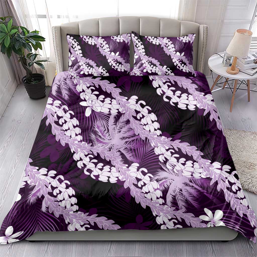 Puakenikeni Maile Lei Bedding Set Frangipani Purple Tropical Leaves