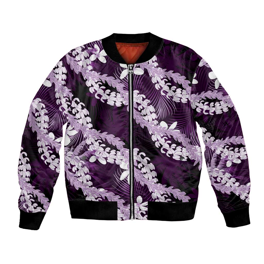 Puakenikeni Maile Lei Bomber Jacket Frangipani Purple Tropical Leaves