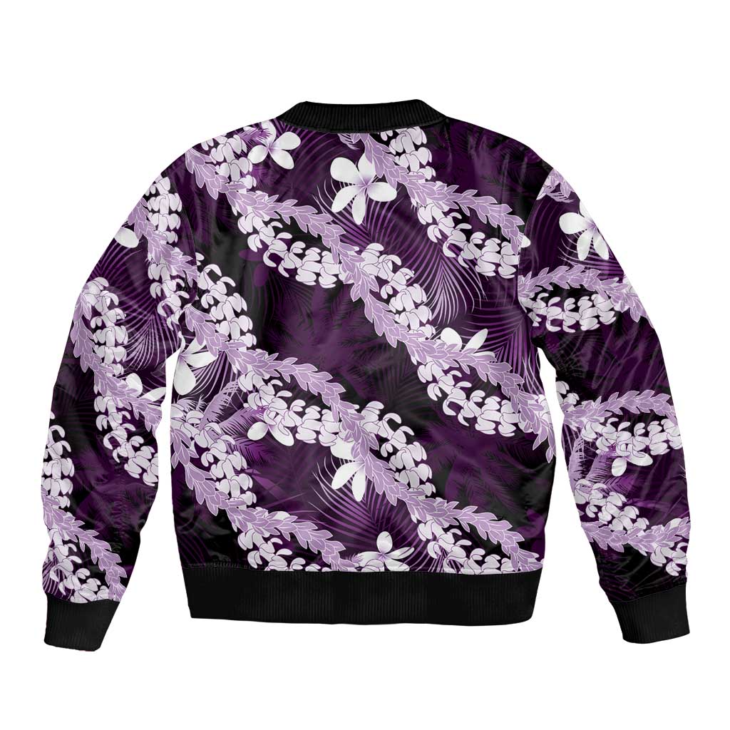 Puakenikeni Maile Lei Bomber Jacket Frangipani Purple Tropical Leaves