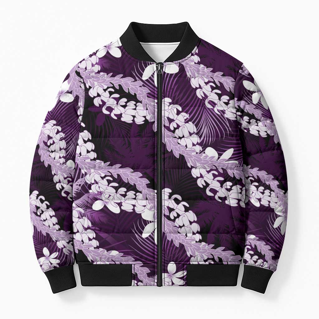 Puakenikeni Maile Lei Bomber Puffer Jacket Frangipani Purple Tropical Leaves LT01 Unisex Purple - Polynesian Pride