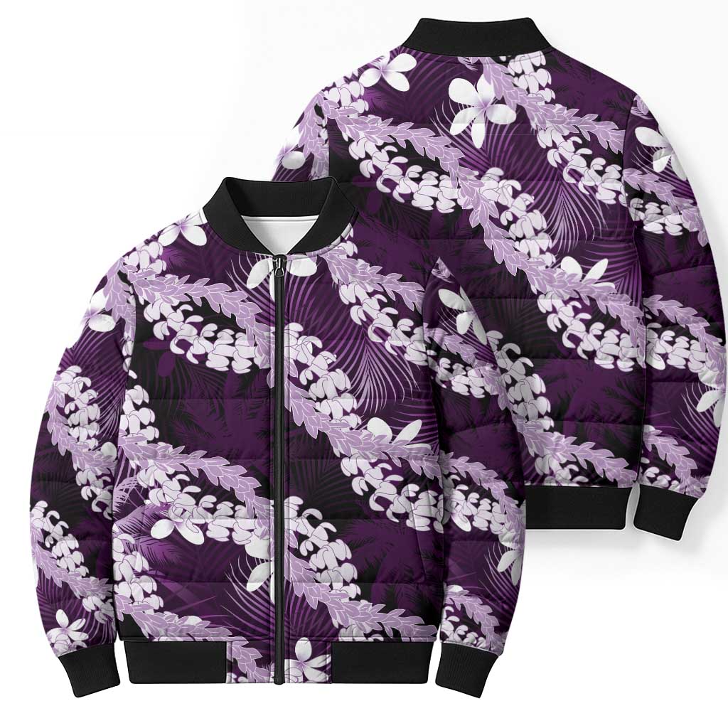 Puakenikeni Maile Lei Bomber Puffer Jacket Frangipani Purple Tropical Leaves