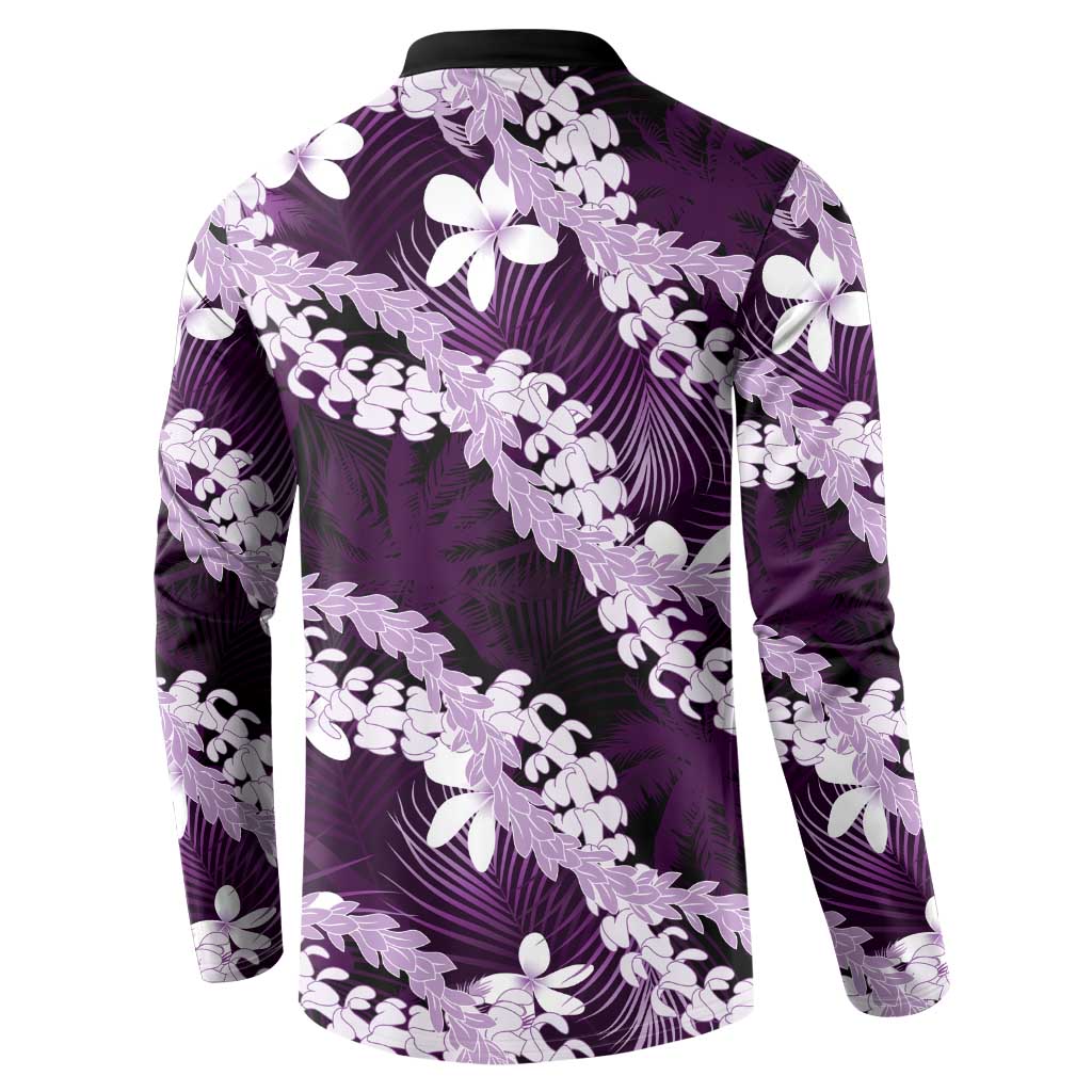 Puakenikeni Maile Lei Button Sweatshirt Frangipani Purple Tropical Leaves